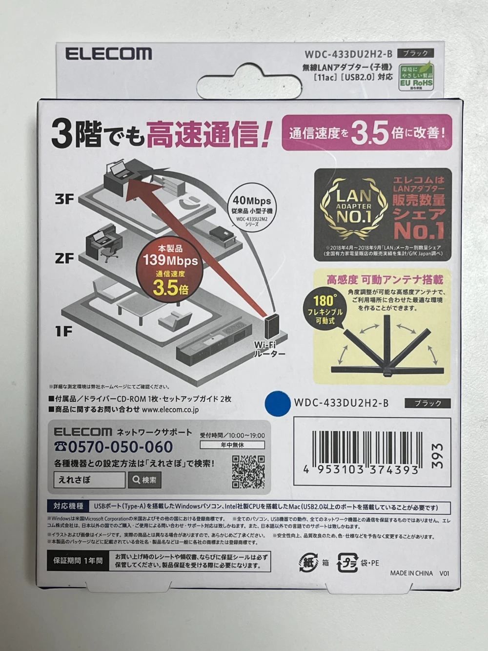 ELECOM製WDC-433DU2H2 無線LAN子機